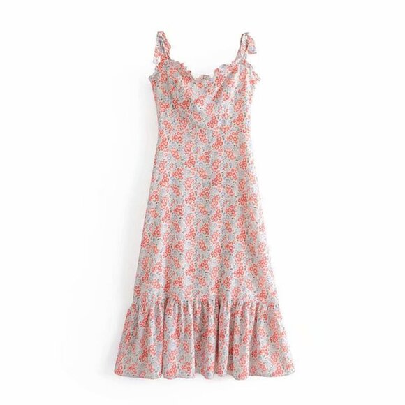 White Floral Ruffle Long Midi Dress by Manu Reformation Nikita Shelby Blue Red 2 - Picture 7 of 16